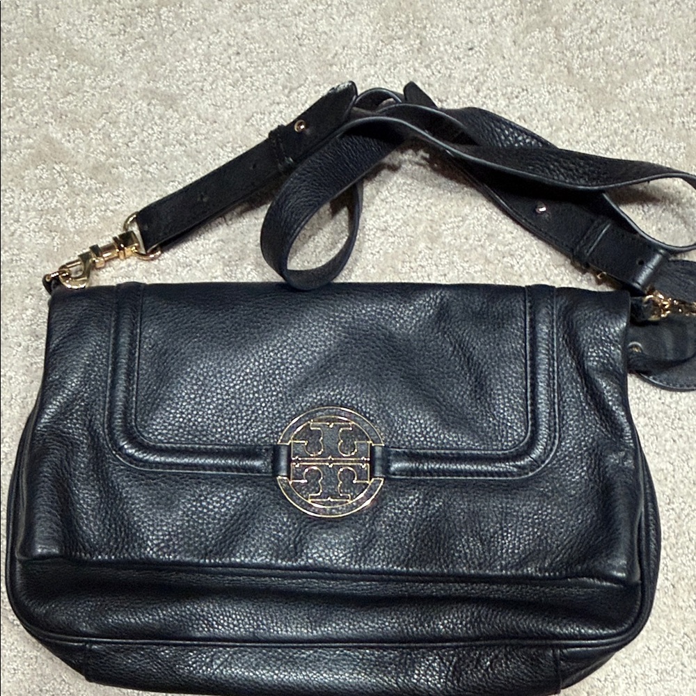 Tory Burch Black Pebbled Leather Shoulder Bag with Gold Logo